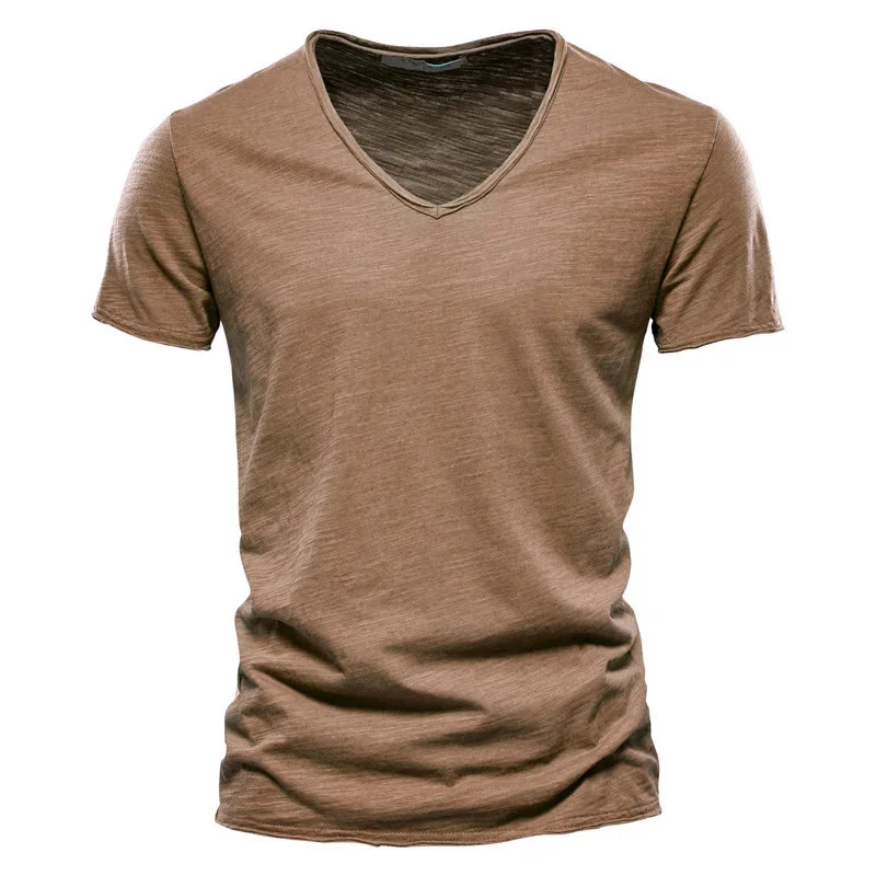 Marke Qualität 100% Baumwolle Männer T-shirt V-ausschnitt Mode Design Slim Fit Soild Männlich Tops Tees Kurzarm