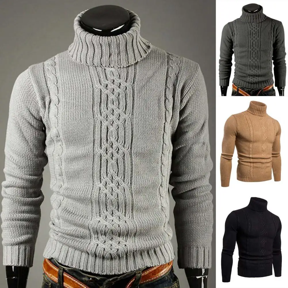 Slim Men Sweater Ribbed Cuffs Soft Male Slim Turtleneck Long Sleeve Casual Sweater