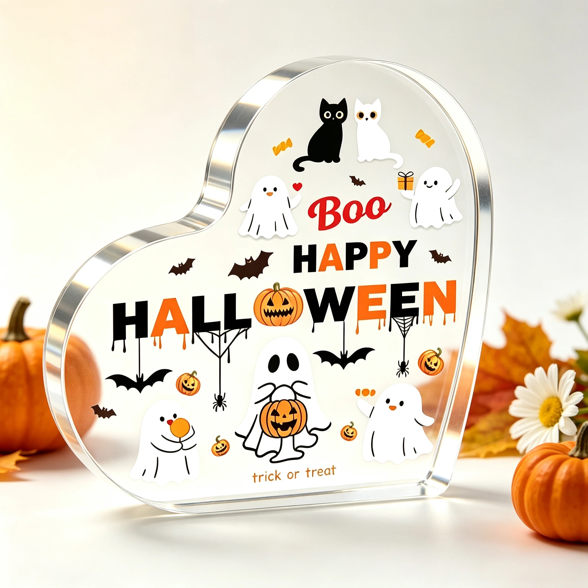 Happy Halloween Heart‑Shaped Acrylic Plaque, Ghost Pumpkin Cat Tabletop Decor,Boo Trick or Treat Halloween Acrylic Heart Sign, Spooky Cute Home Ornament