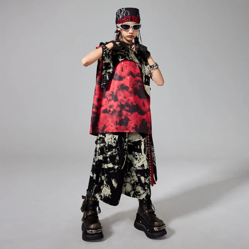 Girls K-pop Cool Graffiti Hooded Vest Street Dance Cargo Pants Boys Hip Hop Top Costume Kids Teens Streetwear Child Clothes Sets