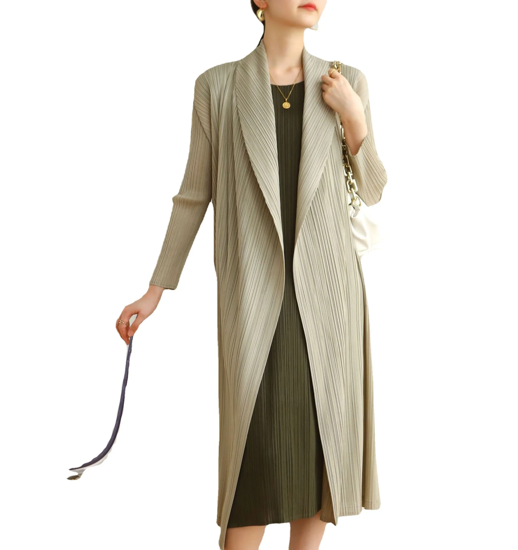 Autumn and spring pleated slim loose casual long-sleeved trench coat pleats [8201]