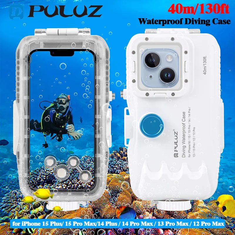 

PULUZ 40m 130ft Waterproof Diving Case for iPhone 15 Plus/15 Pro Max/14 Plus/14 Pro Max/13 Pro Max/12 Pro Max Photo Video Taking