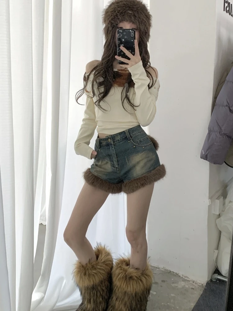 Vintage Fluffy Patchwork Blue Denim Shorts 2024 Autumn New Straight Short Pants Y2k Grunge High Waist Wide Leg  Fur