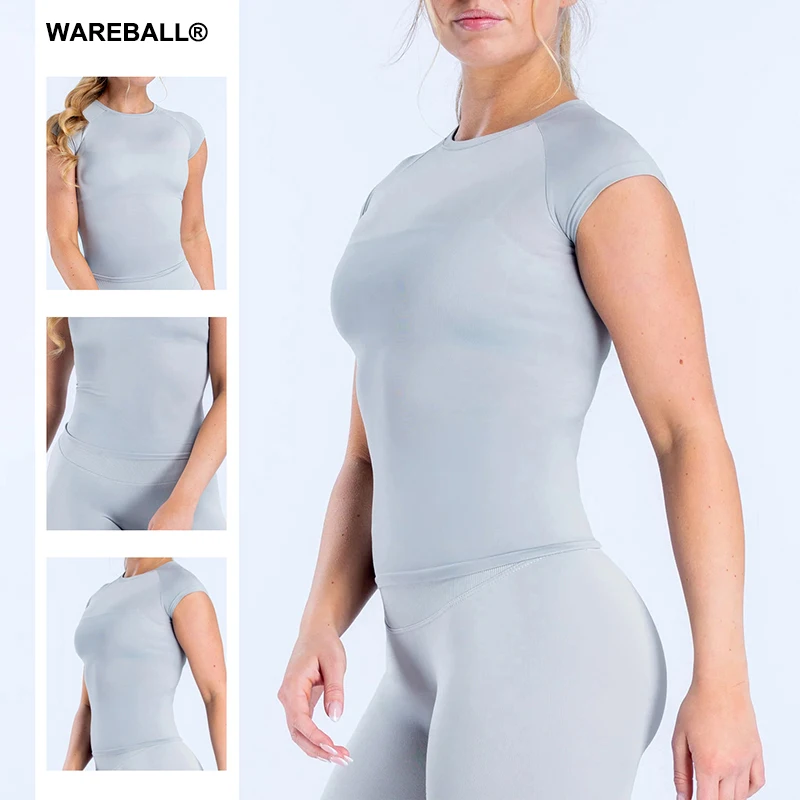 WAREBALL Short Sleeve Yoga Top Women Workout Gym Crop Top Slim Fit Round Neck Yoga Shirt Seamless Sports Stretchy Shirts