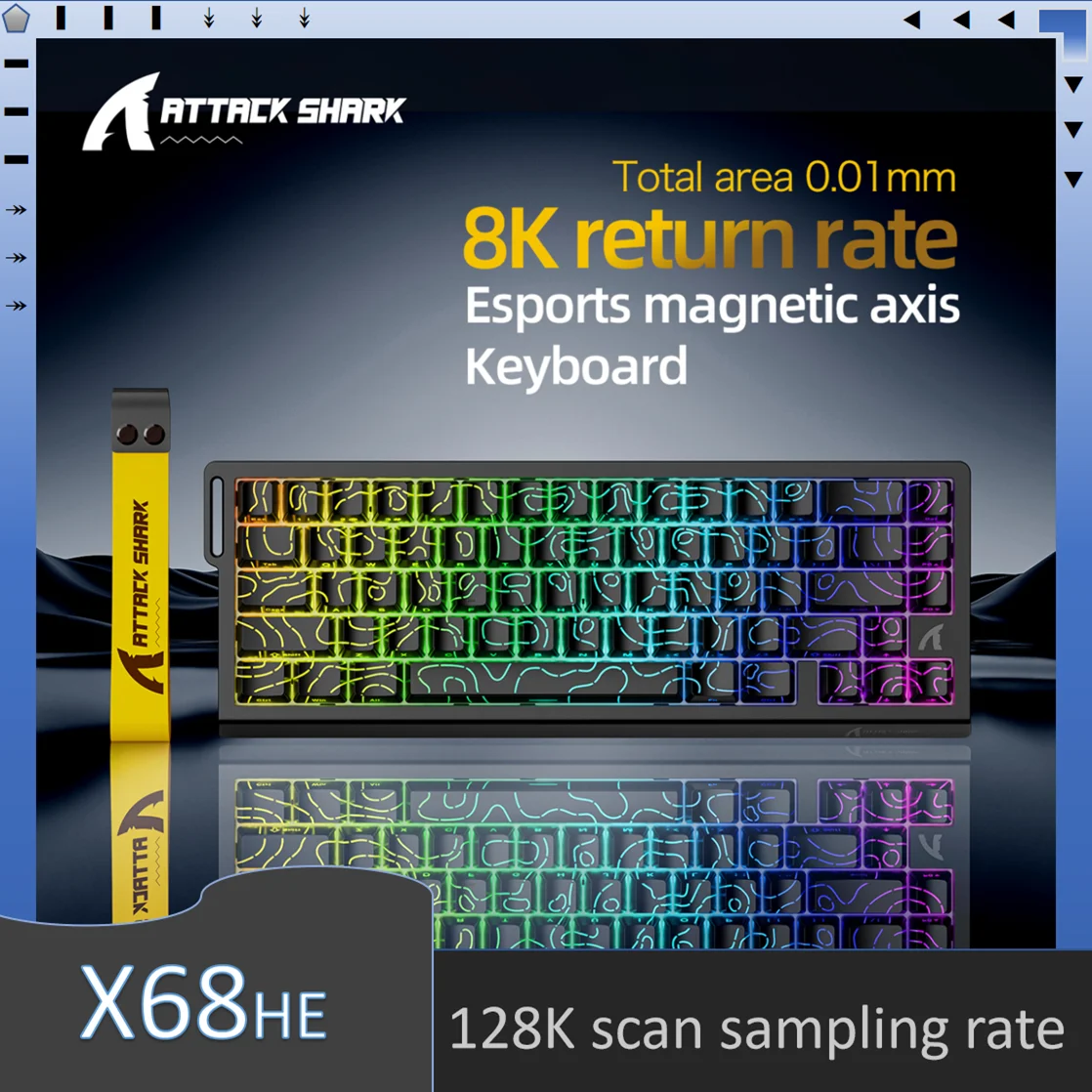 

Клавиатура ATTACK SHARK X68HE Esports с магнитными переключателями имеет частоту опроса 8K, частоту сканирования 128K, задержку 0,128 мс и RGB-подсветку.