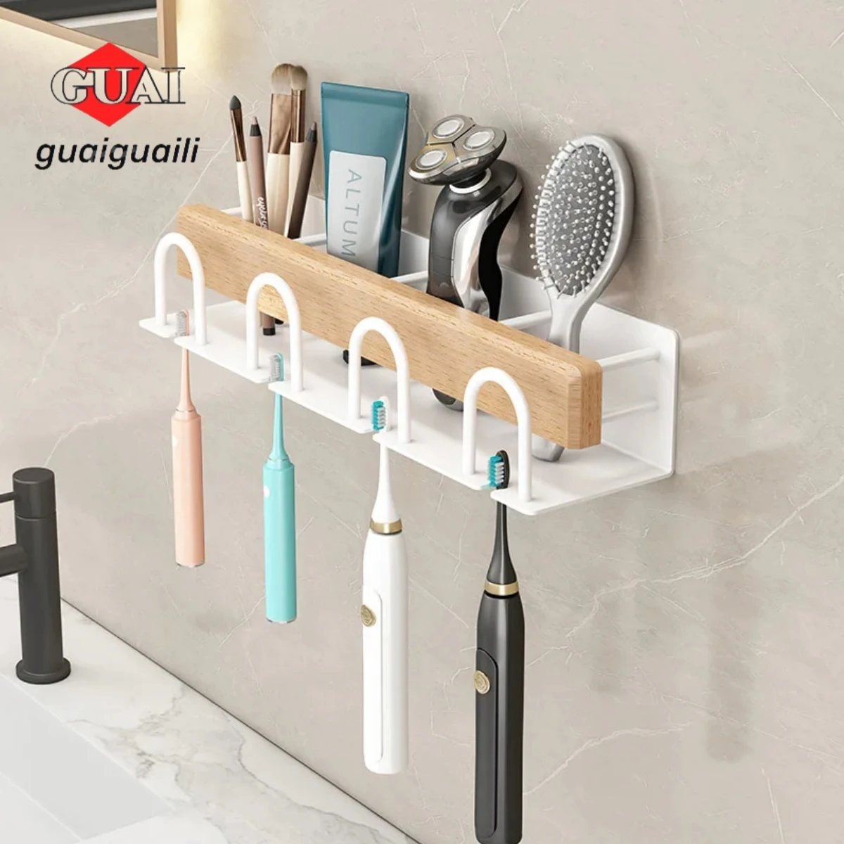 Wood Bathroom Toothbrush Holder，Tooth Cup Holder Bathroom Mouthwash No-Punch Cup Holder Toothpaste Toothbrush shelf organizer