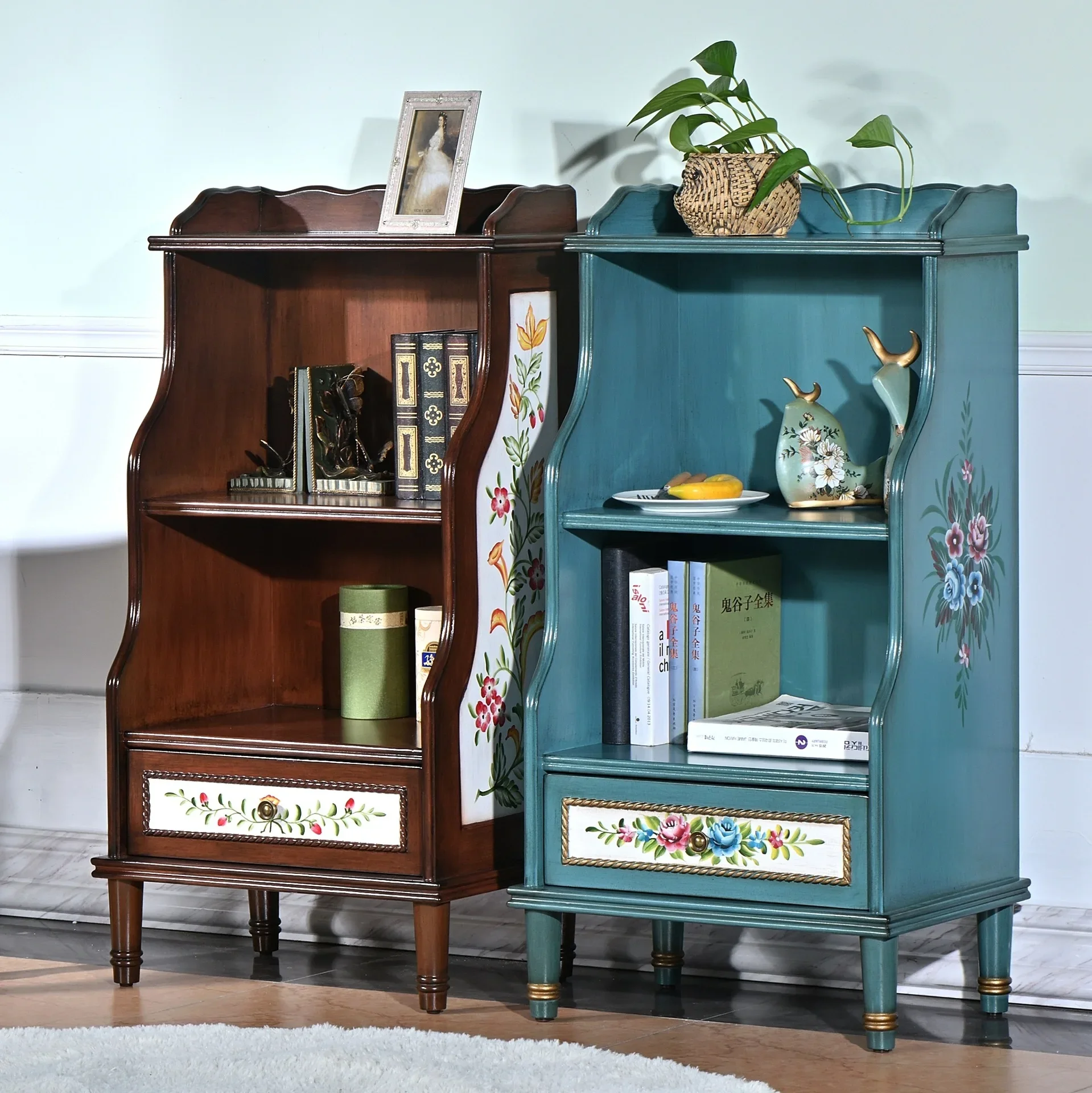 American rural solid wood small bookcase magazine shelf study children's hand-painted retro old mobile storage low side