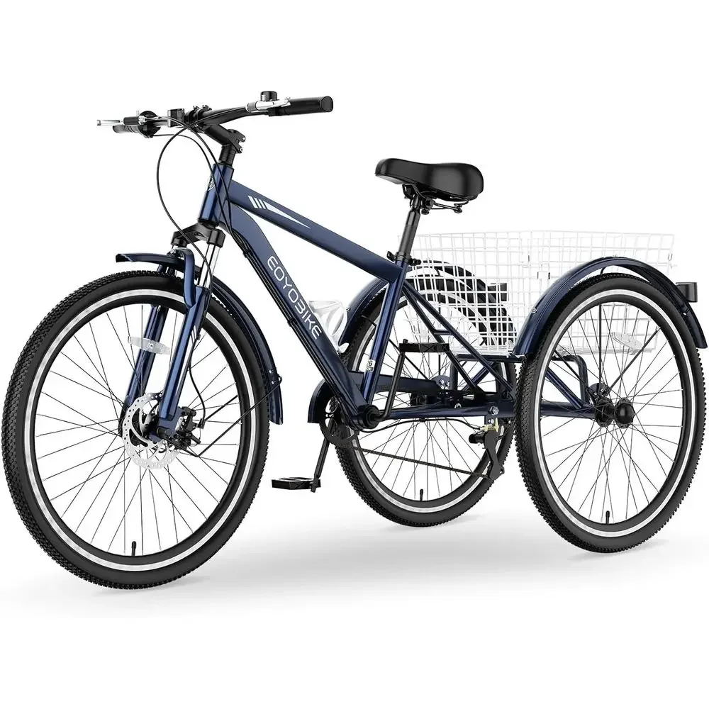 

7-Speed Adult 3-Wheel Mountain Bike with Front Disc Brake, Suspension, and Rear Basket, Suitable for 350lbs, Unisex Design