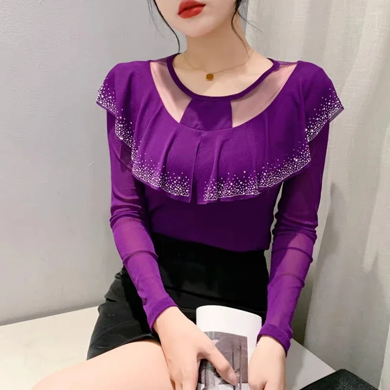 

Autumn New Mesh T-Shirt Fashion O-Neck Hollowed Out Ruffles Hot Diamonds Tees Elegant Long-Sleeved Tops Women's Blusas V1119