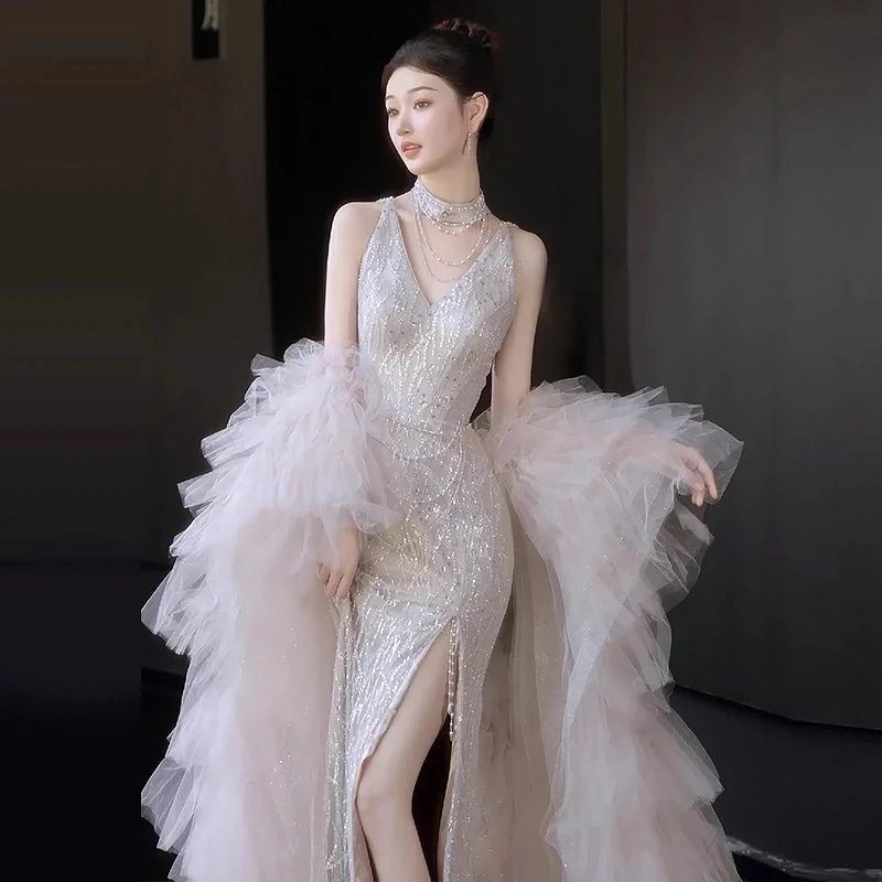 Pearl Evening Dresses Beading Off Shoulder V-Neck Side Slit Sequins Vintage Make-up Party Mermaid Engagement Wedding Prom Gown