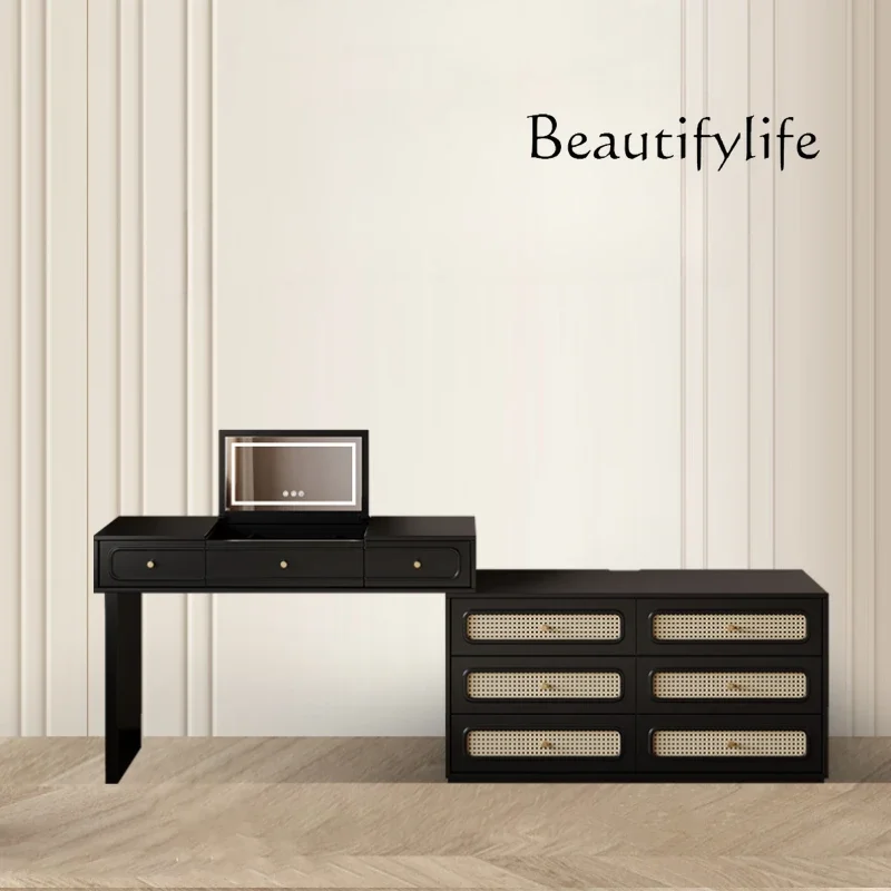 

Retro Style Rattan Dressing Table Chest of Six Drawers Integrated Wall Black Flip Dresser Mirror