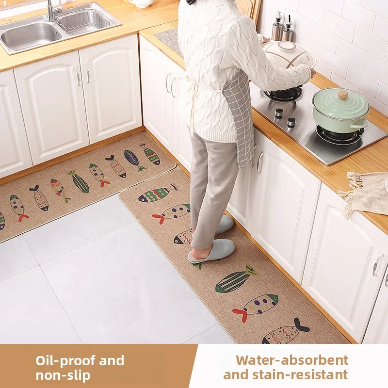 

Nordic Style Kitchen Bathroom Rectangular Rug Anti-Slip Waterproof Linoleum Linen Material Floor Mat Home Use Cartoon Pattern