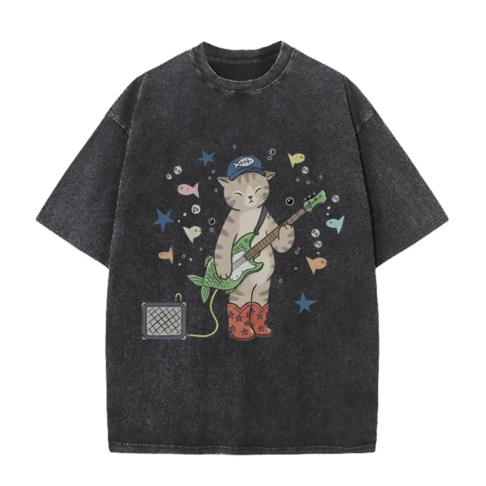 2026 Cute Cartoon Cat Playing Fish Bass Guitar Graphic Black Acid Washed T Shirt Retro Music Animal Casual Oversized Unisex Shor