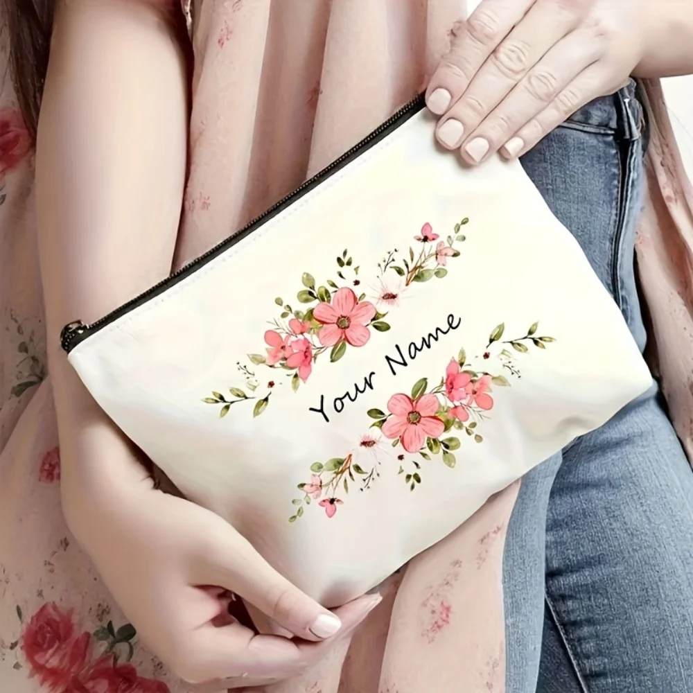 1Pc Custom Name/Text Floral Parttern Makeup Bag Double Sided Printed Cosmetic Pouch Travel Toiletry Organizer Storage Bags