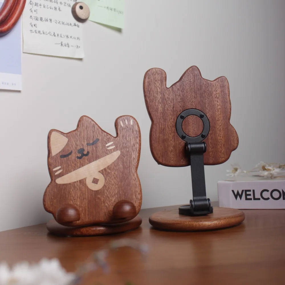 Wooden Cat Phone Stand Handmade Adjustable Phone Holder with Cute Cat Design for Desk Decoration