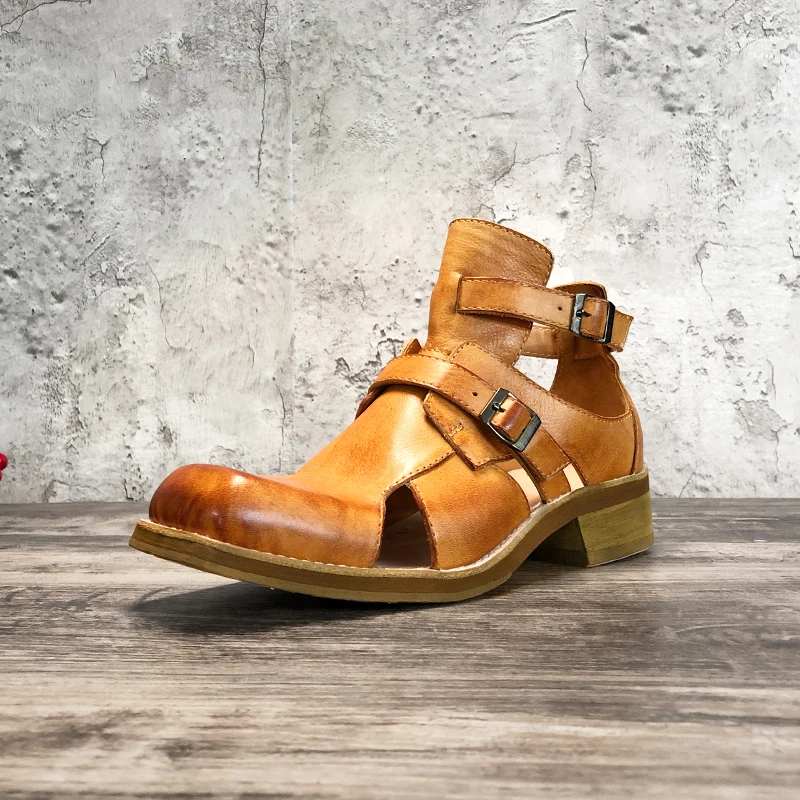 Niche Design Handmade Vintage Sandal Boots Cowhide Roman Sandals Thick Sole Genuine Leather Sandals Men Sandalias