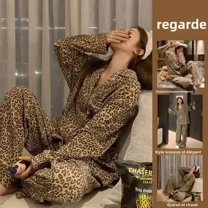

Thickened Long Pajamas Set Warm Home Clothes Leopard Print Luxury Style Women's Sleepwear Korean Style Autumn Winter New Arrival
