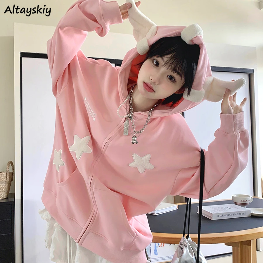 Hooded Hoodies Women Sweet Cool Kawaii Designed Korean Fashion BF All-match Coats Aesthetic Clothes Outwear Y2k Sweatshirts Ins