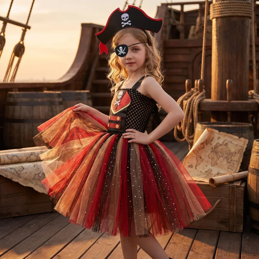 Halloween Pirate Scary Style Sequin Tulle Tutu Dress With Eye Mask Headband Bag For Kids Stage Performance Outfit Party Clothes