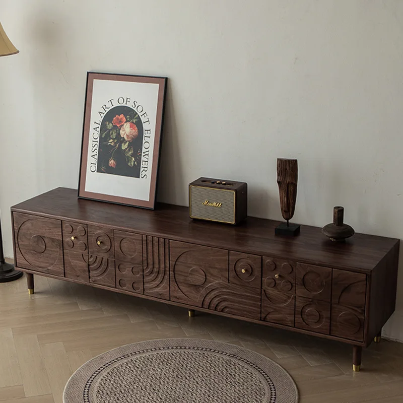 

Customizable Nordic black walnut medieval retro wind solid wood carving flower French TV cabinet living room locker light luxury