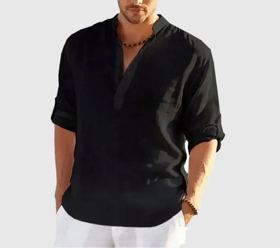 

2025 Новая мужская льняная футболка с длинным рукавом, однотонная тонкая свободная повседневная рубашка с длинным рукавом, хлопково-льняная рубашка, мужские топы