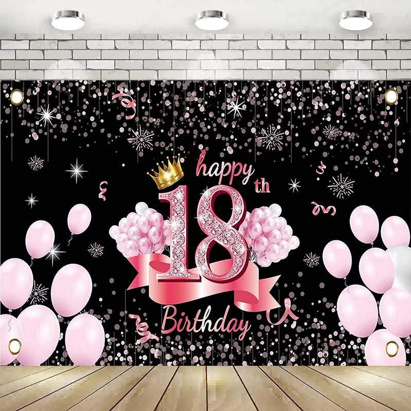 Happy Birthday Banner Decoration Girl 18th Black Rose Gold Sign Poster Anniversary Backdrop Background Banner Birthday Party