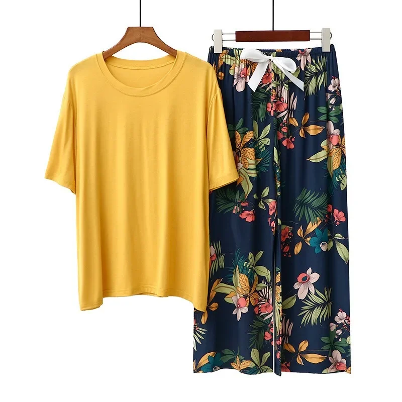 2025 جديد المرأة ملابس خارجية ملابس المنزل بيجامة مجموعة المألوف القطن التباين اللون مريحة قصيرة الأكمام بنطال ذو قصة أرجل واسعة