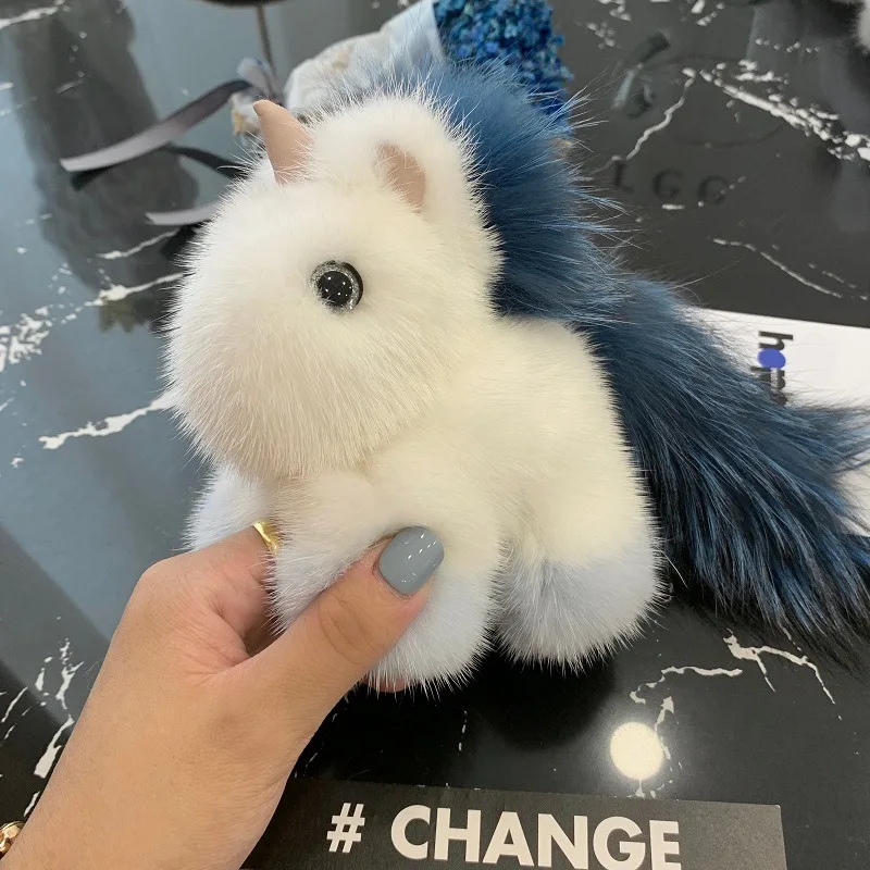 Korean Ins Mink Fur Unicorn Bag Pendant Real Plush Doll Pony Mink Fur Car Keychain Pendant For Wimen