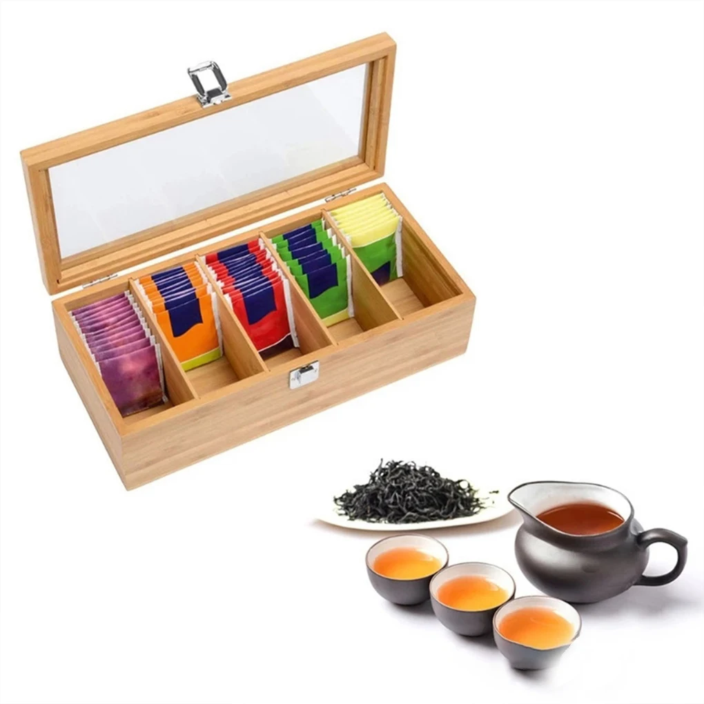 Multifunctional Bamboo System Tea Bag Jewelry Organizer Storage Box 5 Compartments Tea Box Organizer Sugar Container