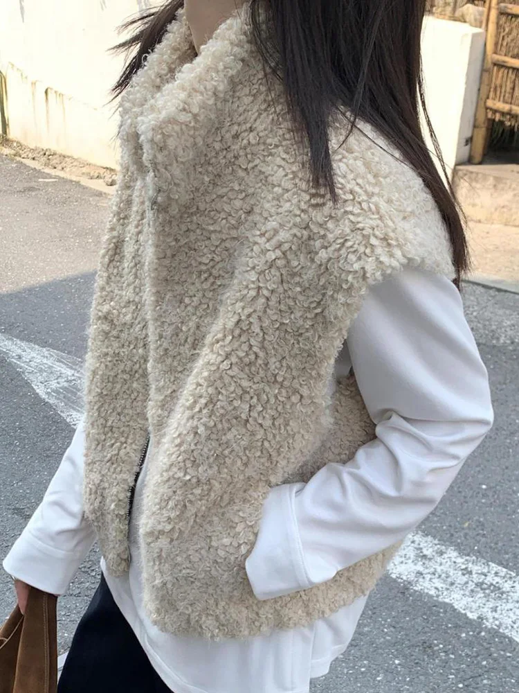 Streetwear Y2K Faux Lamb Vest Women Vintage Stand Collar Warm Vest Winter Casual Female Zipper American Harajuku Retro Tops Vest