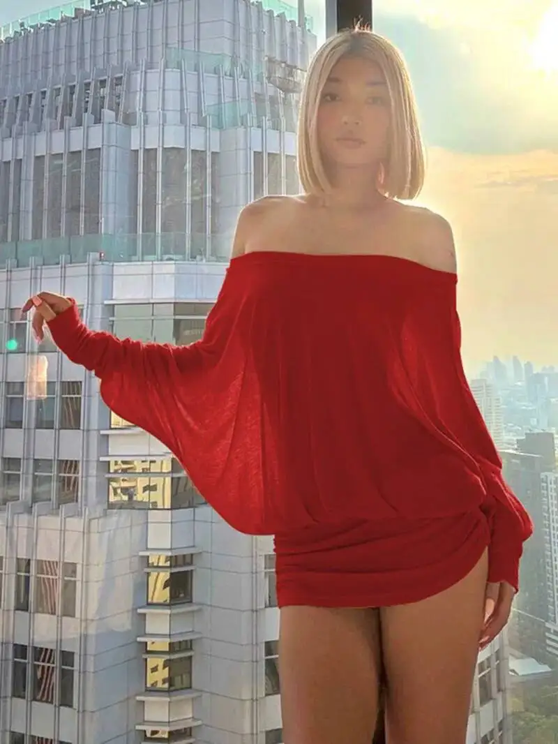 Loose Casaul Thin T Shirt Mini Dress Women's Long Sleeve Boat Neck Off Shoulder Blouse Dress Hot Sexy Korean Women Tops