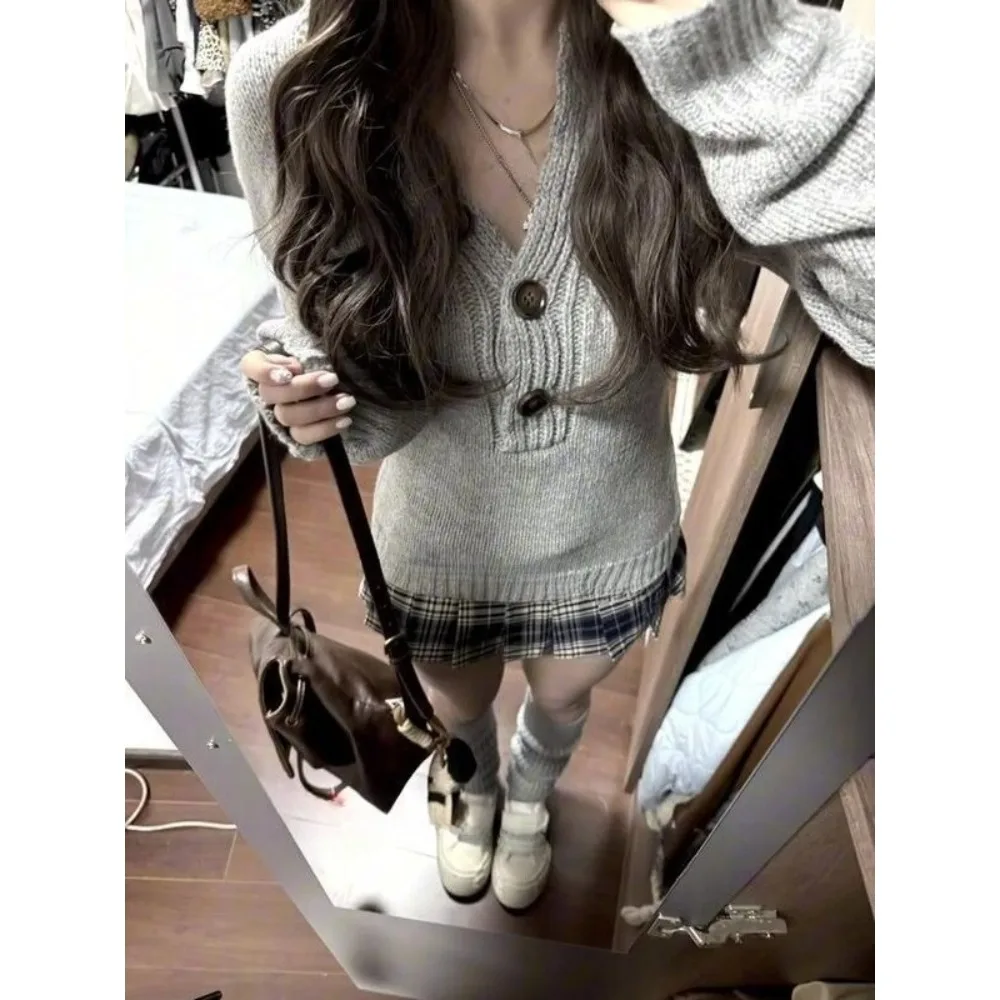 

Autumn Elegant Sweaters Knitted Slim Fit Long Sleeve Women Casual Pullovers Vintage Grey Color Korea Cute Kawaii Style Jumper