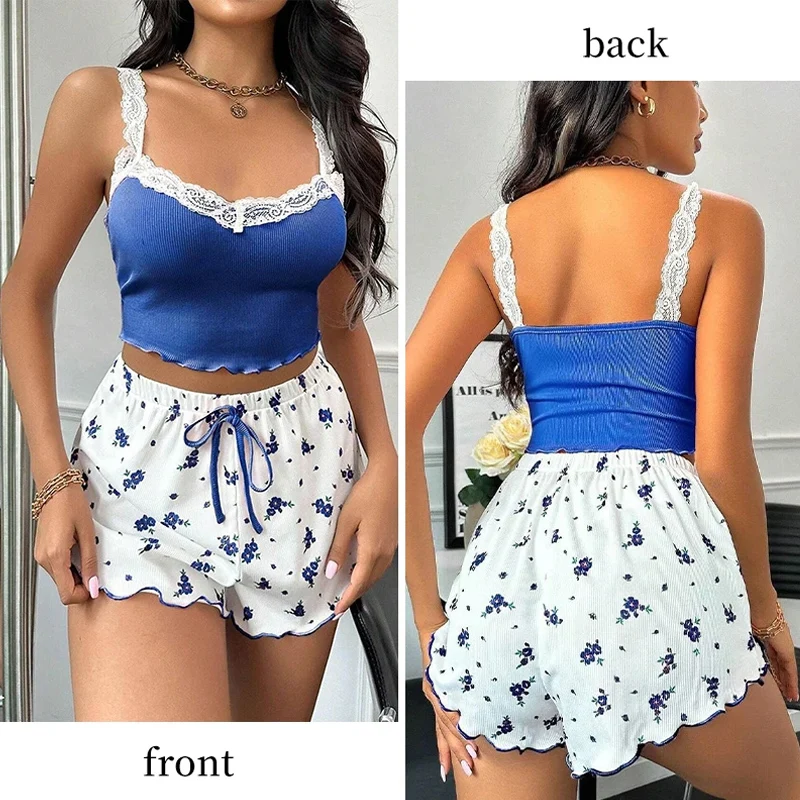 

Women's Two-piece Summer Ribbed Knitted Flower Print Lace Trimmed Camisole Vest And Bow Shorts Sexy Pajama Set New 2025