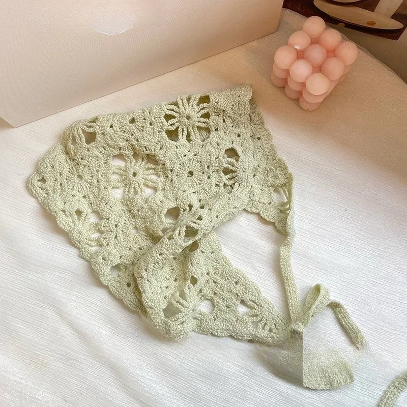 Модный вязаный платок, шапка во французском пасторальном стиле, треугольная повязка на голову, вязаная крючком повязка на голову ручной работы, полотенце, головной платок с цветком в стиле ретро