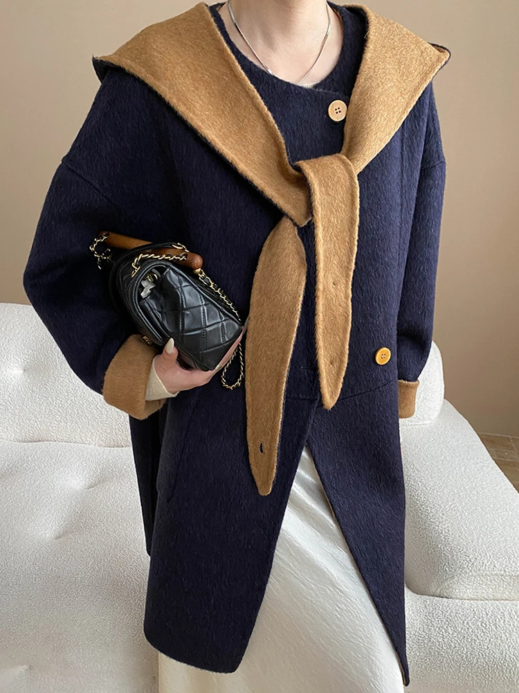 YERMORA invierno nuevo gris Detachable capucha diseño abrigo de lana para mujeres cuello redondo manga larga suelta nuevo abrigo moda marea otoño