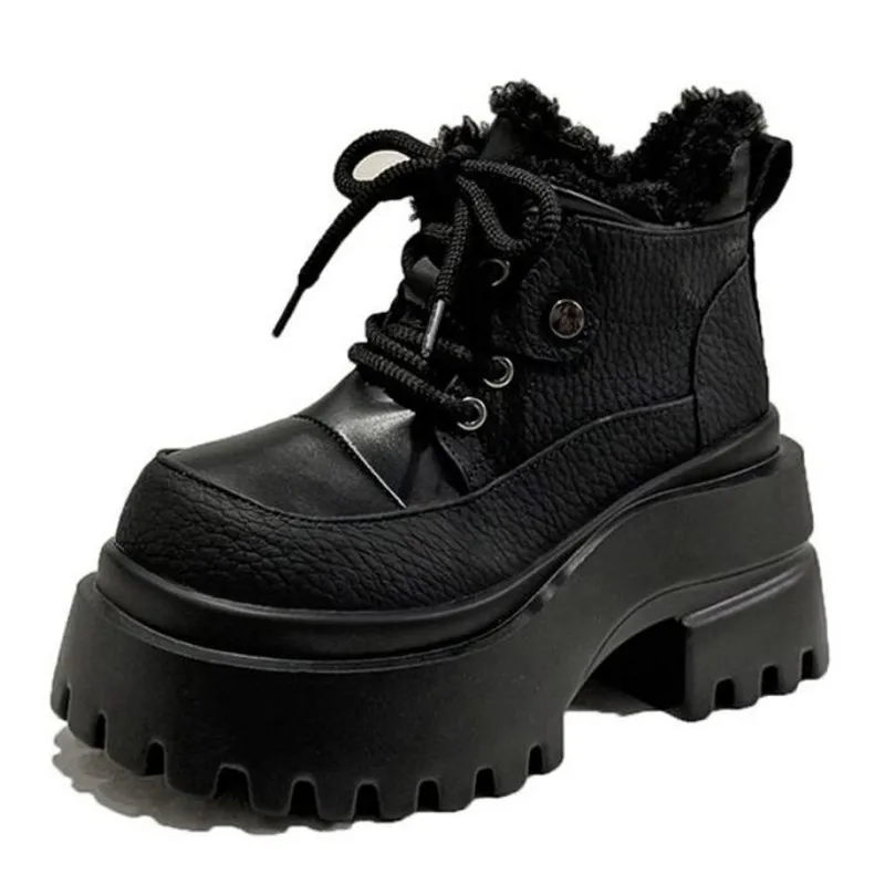 

2026 Модные зимние женские теплые хлопковые зимние туфли на высокой платформе 9 см, кроссовки на шнуровке, кожаные женские плюшевые туфли-лодочки на толстом каблуке