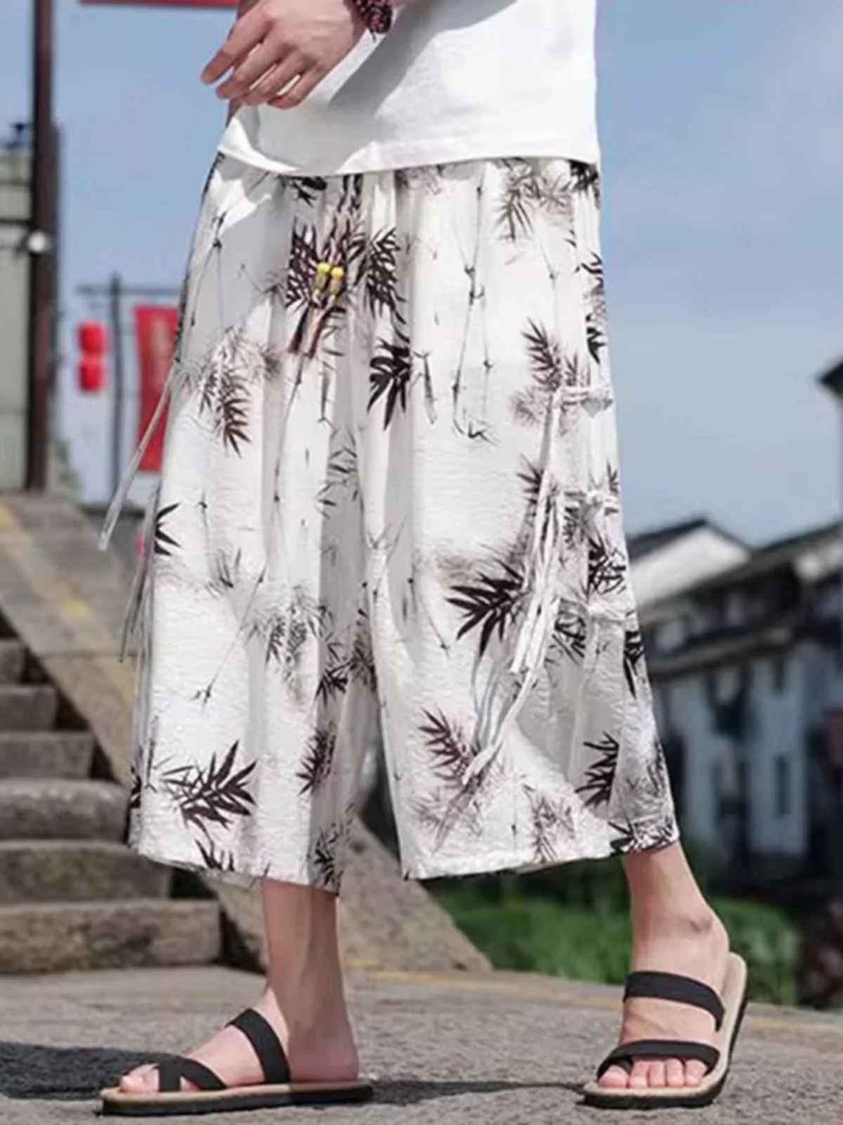 

New Chinese Sle Loose Men's Summer Faion Ice Silk Casual Pants Water Ink Print Seven-Foot Straight Leg Wide-Eighteen Pants