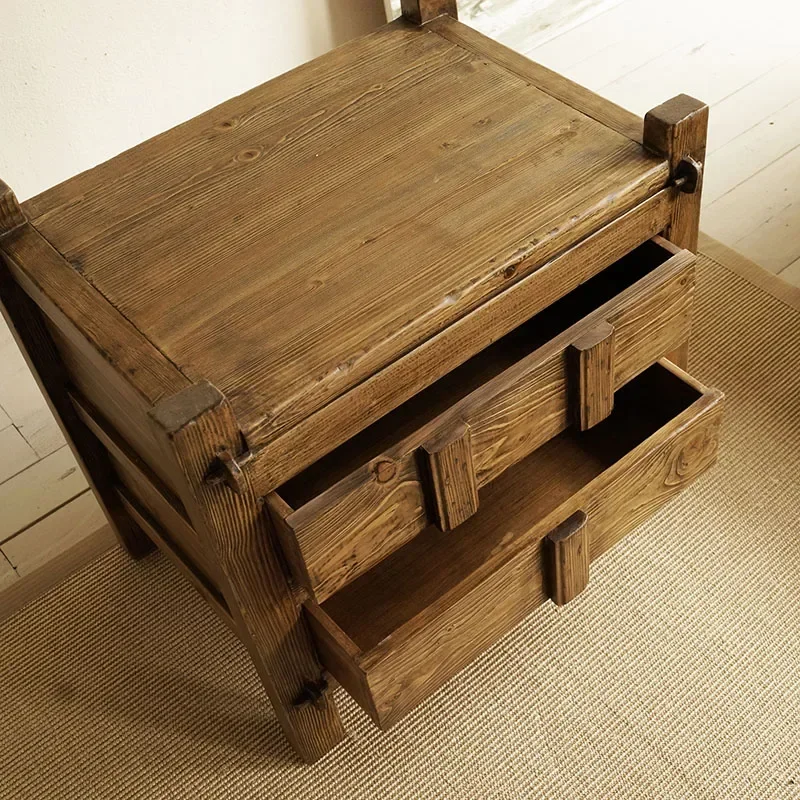Qiji Style Log Retro Bedside شقة صغيرة تخزين خزانة جانبية #4
