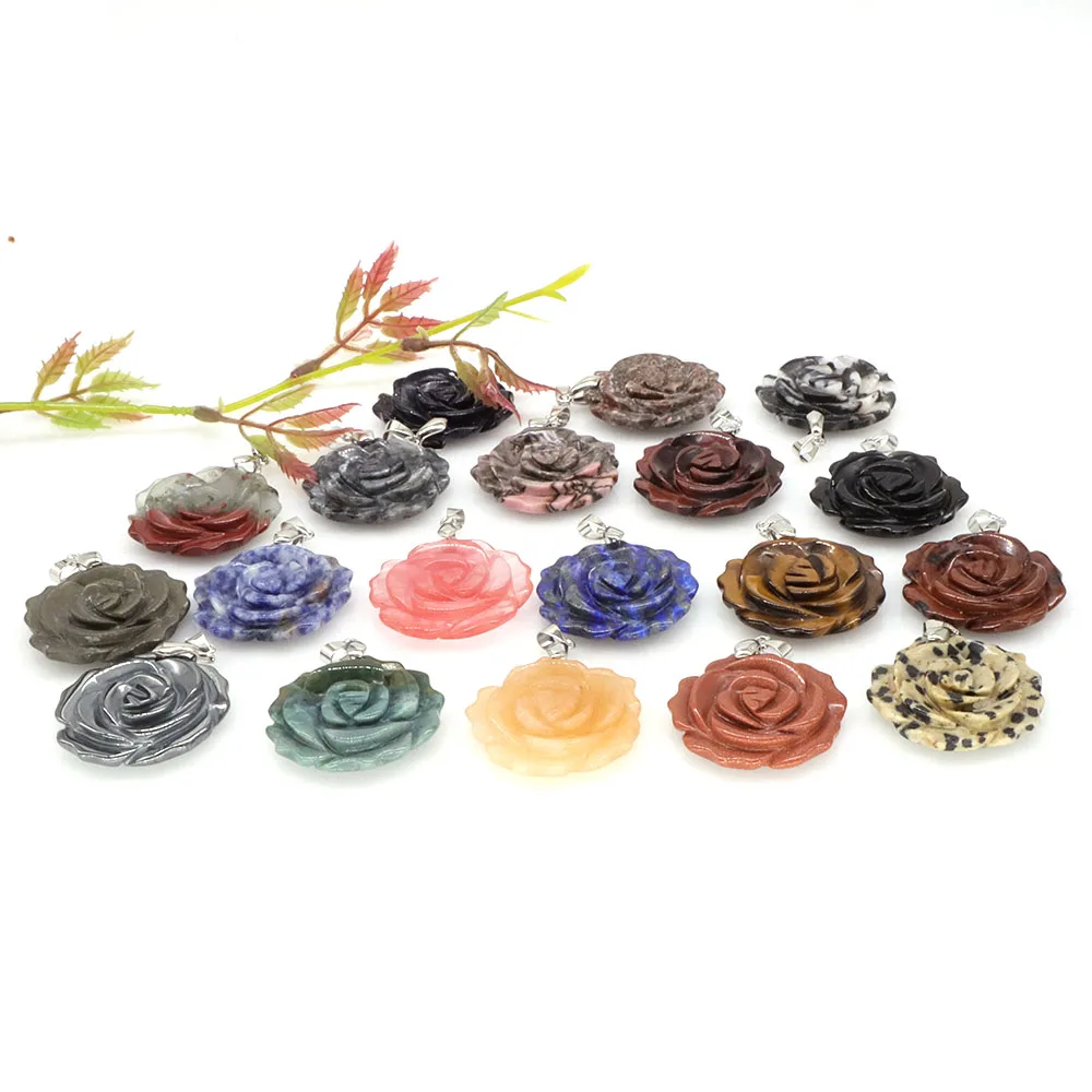 35mm Natural Gems Carved Rose Flower Center Stone Amethyst Crystals Reiki Healing Quartz Pendant Bead Jewellery Charms Necklace