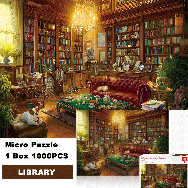 

mini piece Gray Cardboard Jigsaw Puzzle, Cozy Library Pattern, 1 Box 1000-Piece 38×26cm (15×10inch), Tight Interlocking Pieces