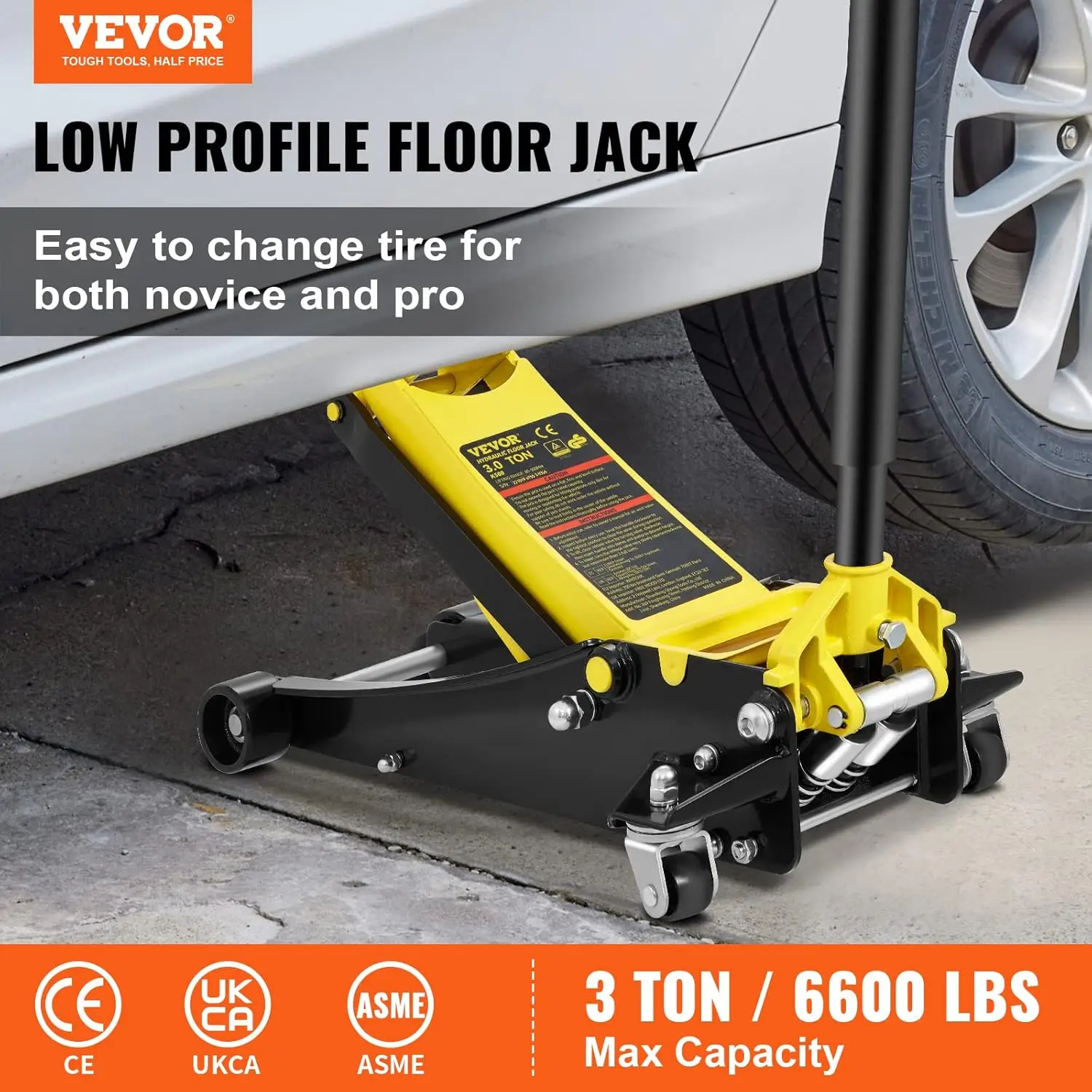 3 Ton Low Profile, Heavy-Duty Steel Racing Floor Jack with Dual Pistons Quick Lift Pump, Lifting Range 3.35