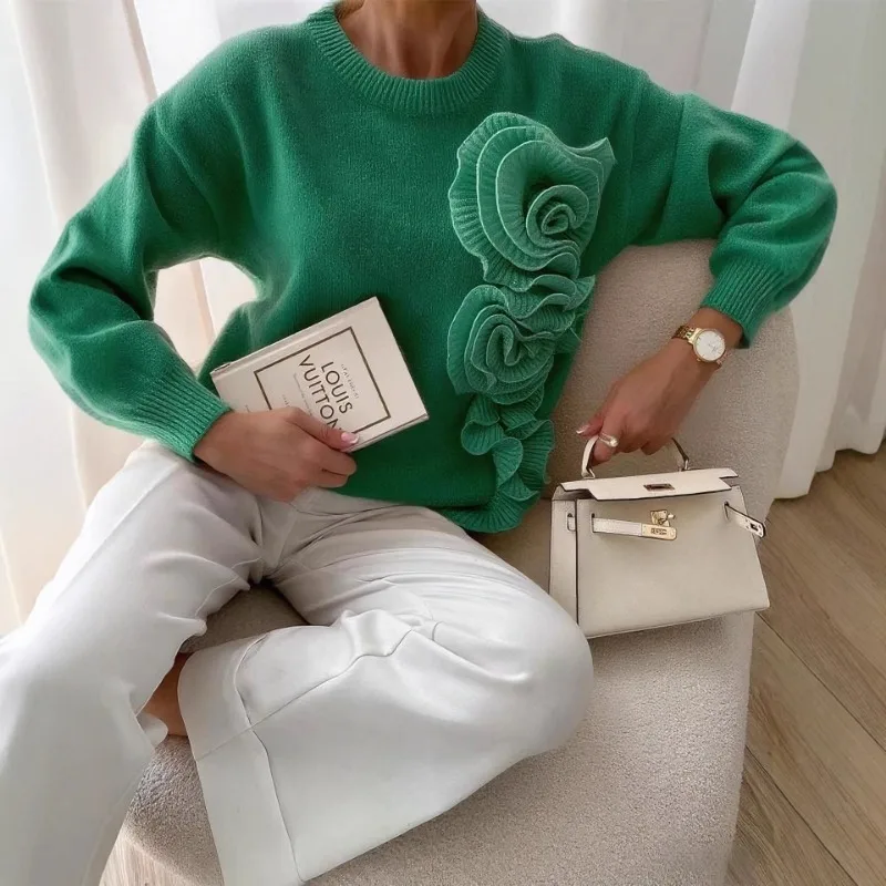 2025 herbst Winter Mode Neue frauen Elegante Gestrickte Kaschmir Pullover Dreidimensionale Blume Farbe Kontrast