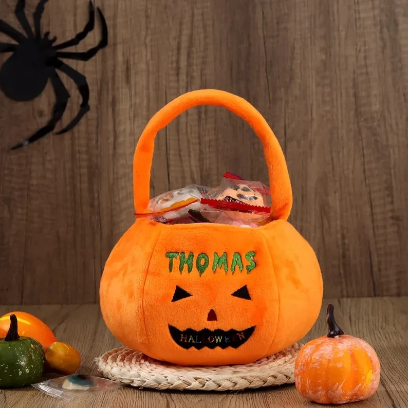 Custom Halloween Basket Personalized Pumpkin Bucket with Name Embroidered Trick or Treat Bag Pumpkin Candies Storage for Kids