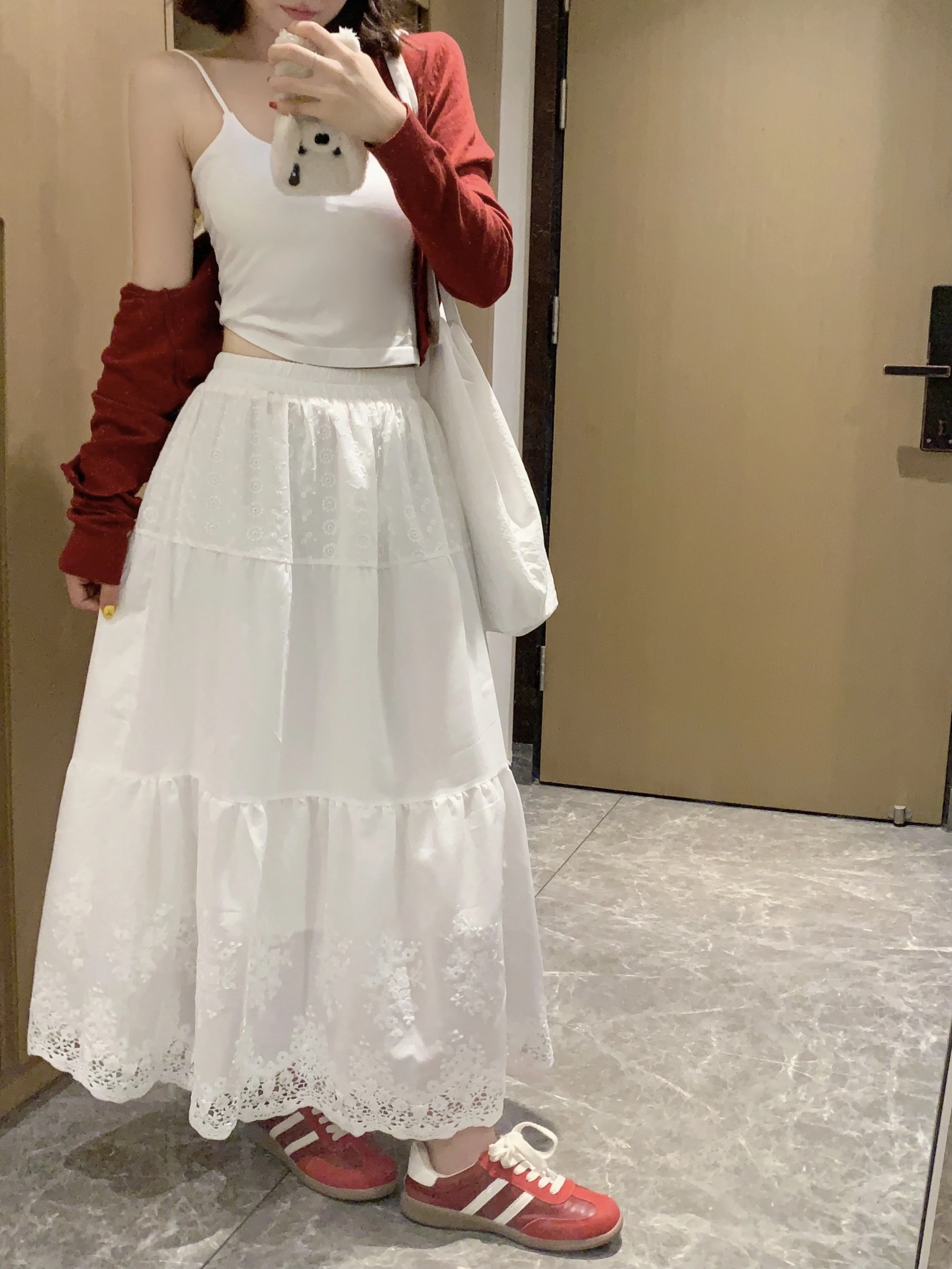 

Women's French Embroidery Floral White Skirt, Korean Style A-line Long Skirt