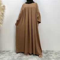 Femmes musulmanes robe de mode élégante arabe turquie col rond robe couleur pure robe longue islamique avec poches 5