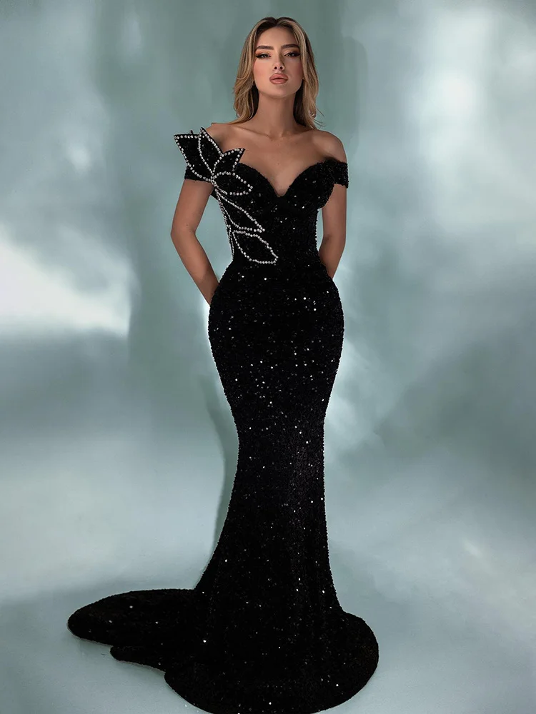 

2024 Pretty and Elegant Women's Dresses Black Sequin Sparkly Rhinestones Off the Shoulder Mermaid Maxi Gown