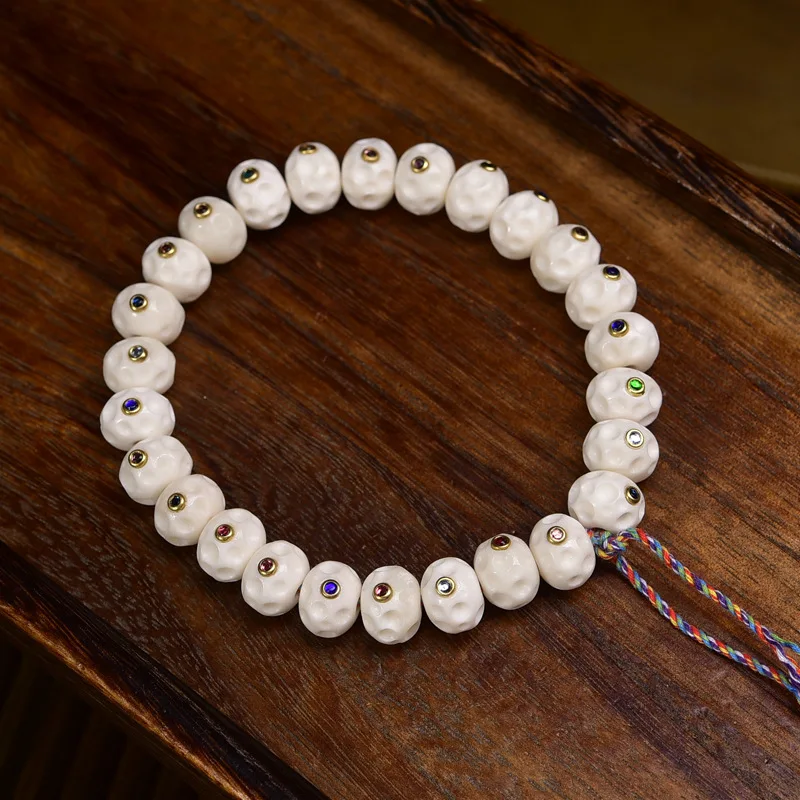 Backflow Bone Meteorite Crater Single Circle Multi-Gem Inlaid Tibetan Style Buddhist Plain Beads Bracelet