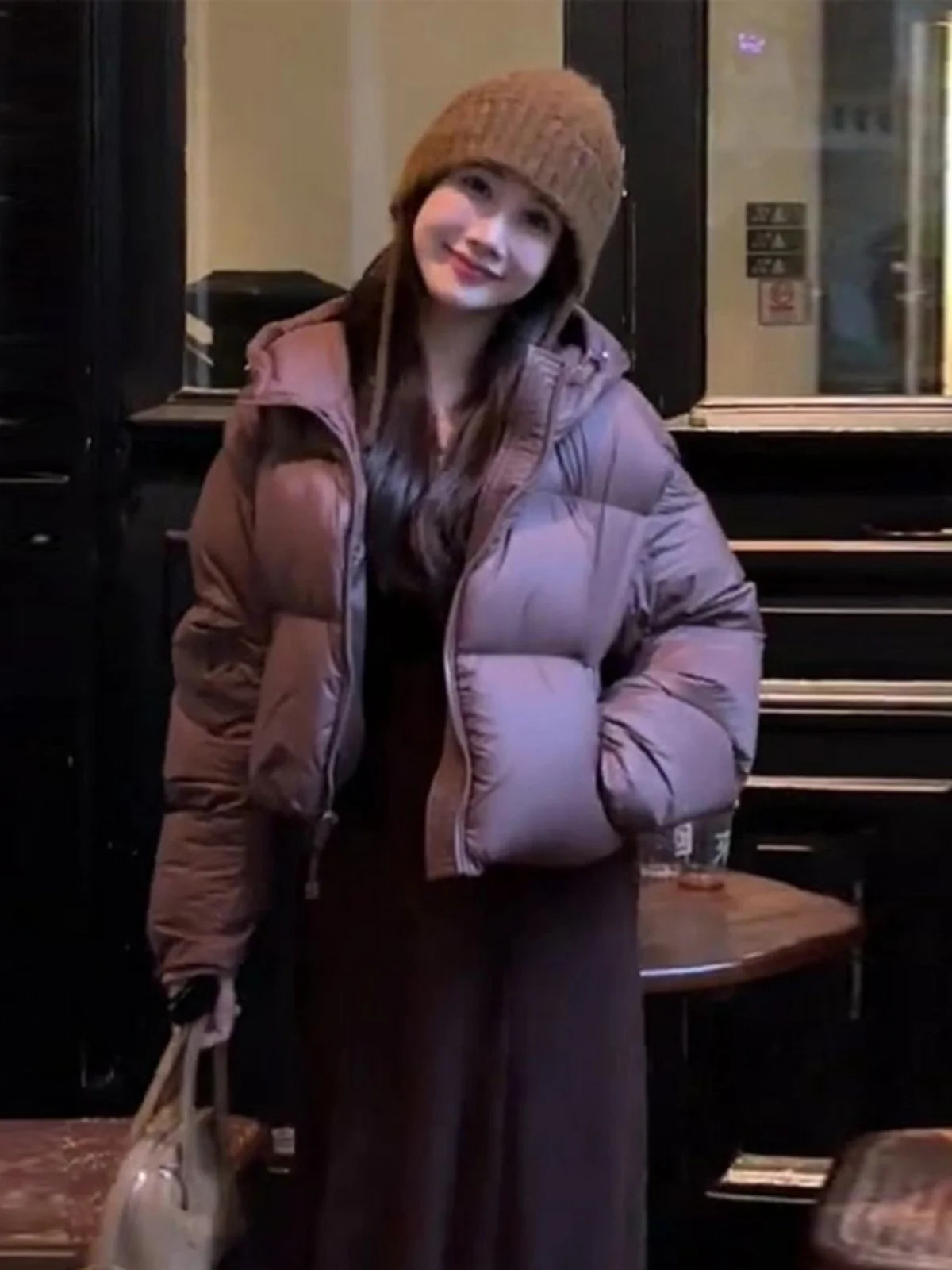 

Женская утепленная флисовая короткая куртка с капюшоном, фиолетовая, зимняя верхняя одежда в корейском стиле, свободный крой, длинный рукав, на молнии