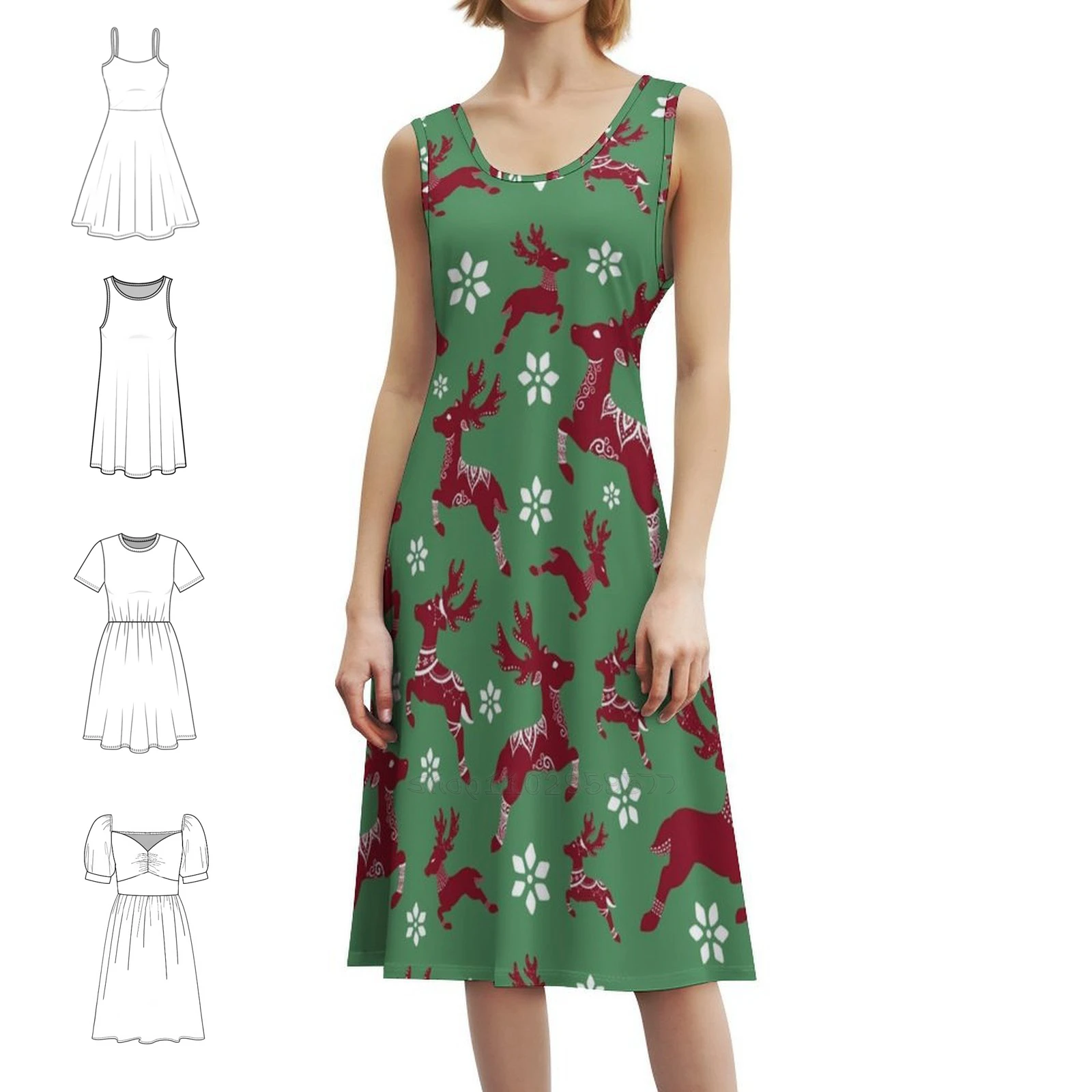 

Dark Green Christmas Reindeer Pattern Boho Chic Dress Elegant Fashion Beach Wedding Party Gown Winter Pattern Holiday Pattern