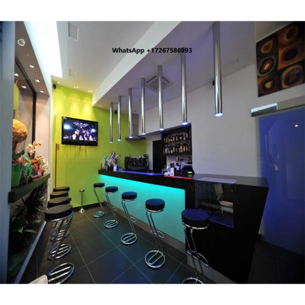 Impressive Backlit LED Glowing Solid Surface Commercial Bar Counter with Contemporary Design for Hotel School Hospital Use